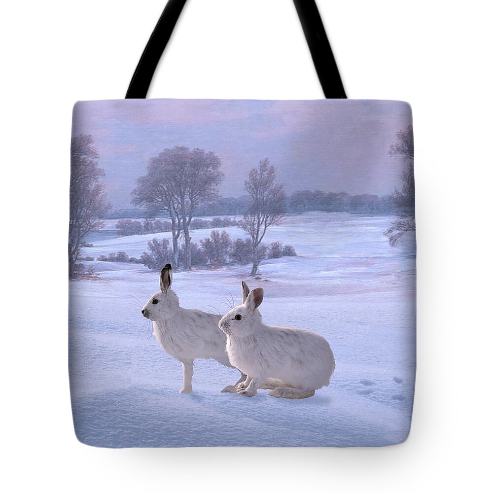 Hare Tote Bag featuring the digital art Snowshoe Hares by M Spadecaller