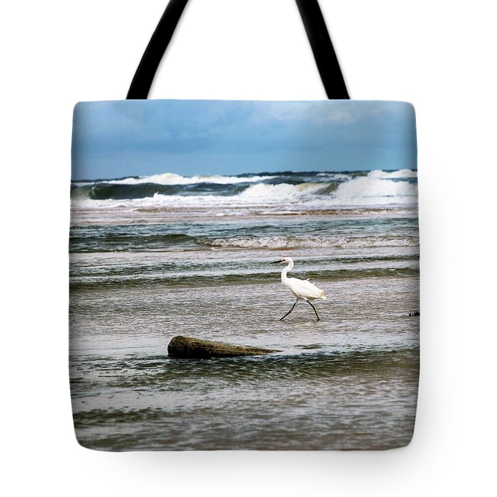 Snowy Egret Tote Bag featuring the photograph Snowy Egret Braving the Surf by Mary Ann Artz