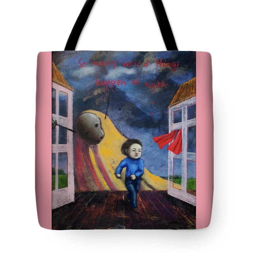 Text Tote Bag featuring the painting So Many Weird Things Happen at Night by Pauline Lim