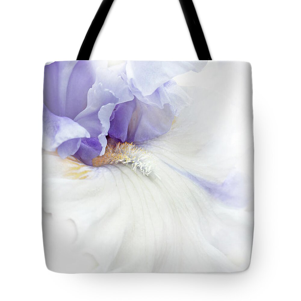 Bearded Iris Tote Bag featuring the photograph Softness of a Lavender Iris Flower by Jennie Marie Schell