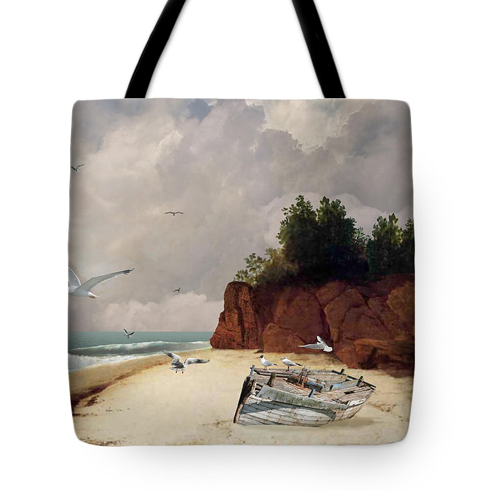 Seaside Tote Bag featuring the digital art Somewhere By The Shore by M Spadecaller