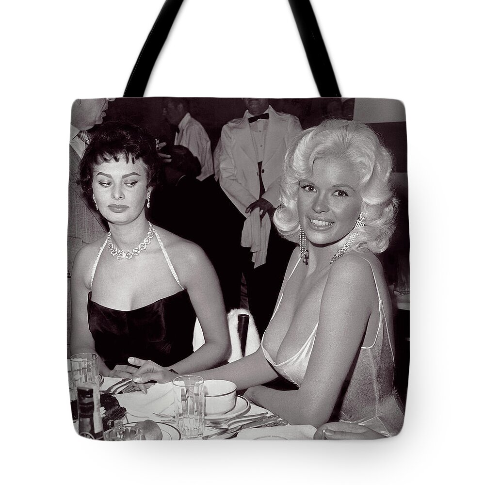 Jayne Mansfield Tote Bag featuring the photograph Sophia Loren and Jayne Mansfield 1957 by Doc Braham