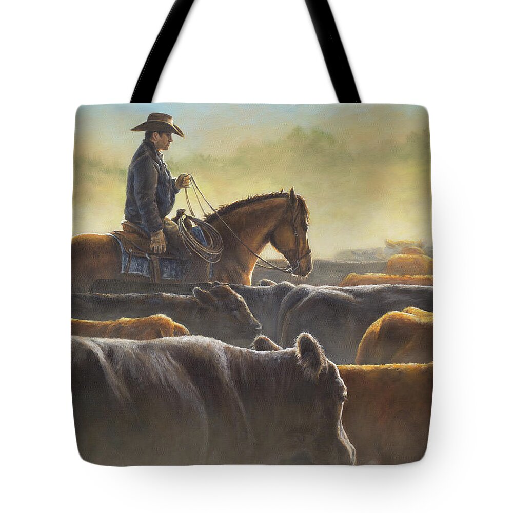 Cowboy Tote Bag featuring the painting Sorting September Pairs by Kim Lockman