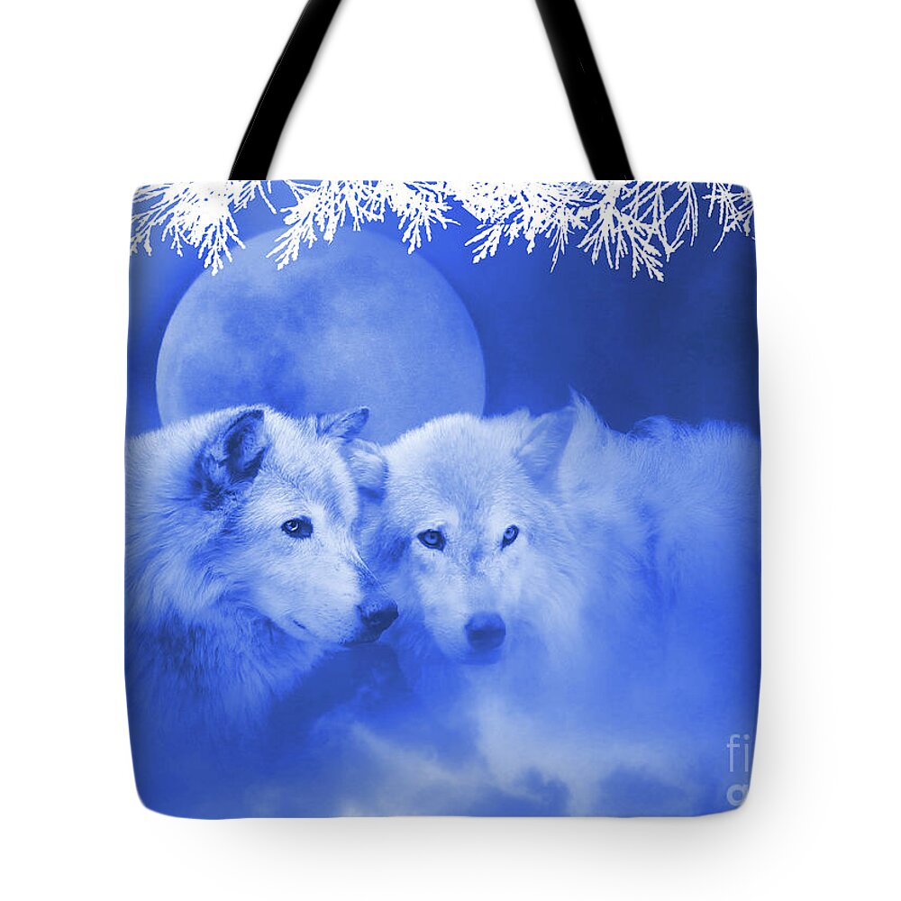 Wolf Tote Bag featuring the photograph Soul Mate, Beautiful Wolf Pair with Moon and Branches by Stephanie Laird