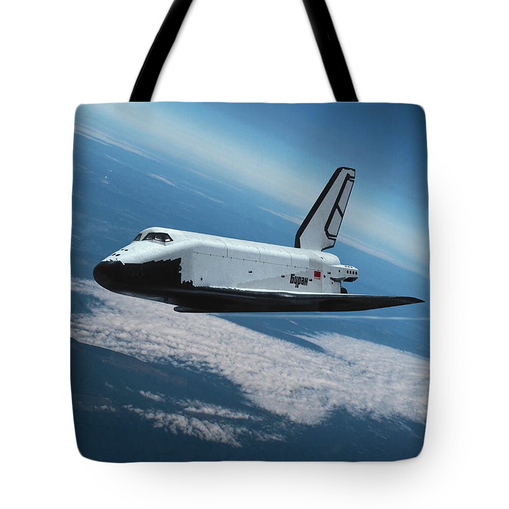 Soviet Union Space Shuttle Tote Bag featuring the digital art Soviet Union Buran Space Shuttle by Erik Simonsen
