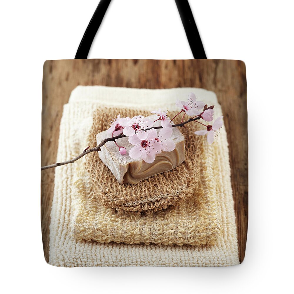 Mineral Tote Bag featuring the photograph Spa Still Life Stacked Washcloths And A by Gspictures