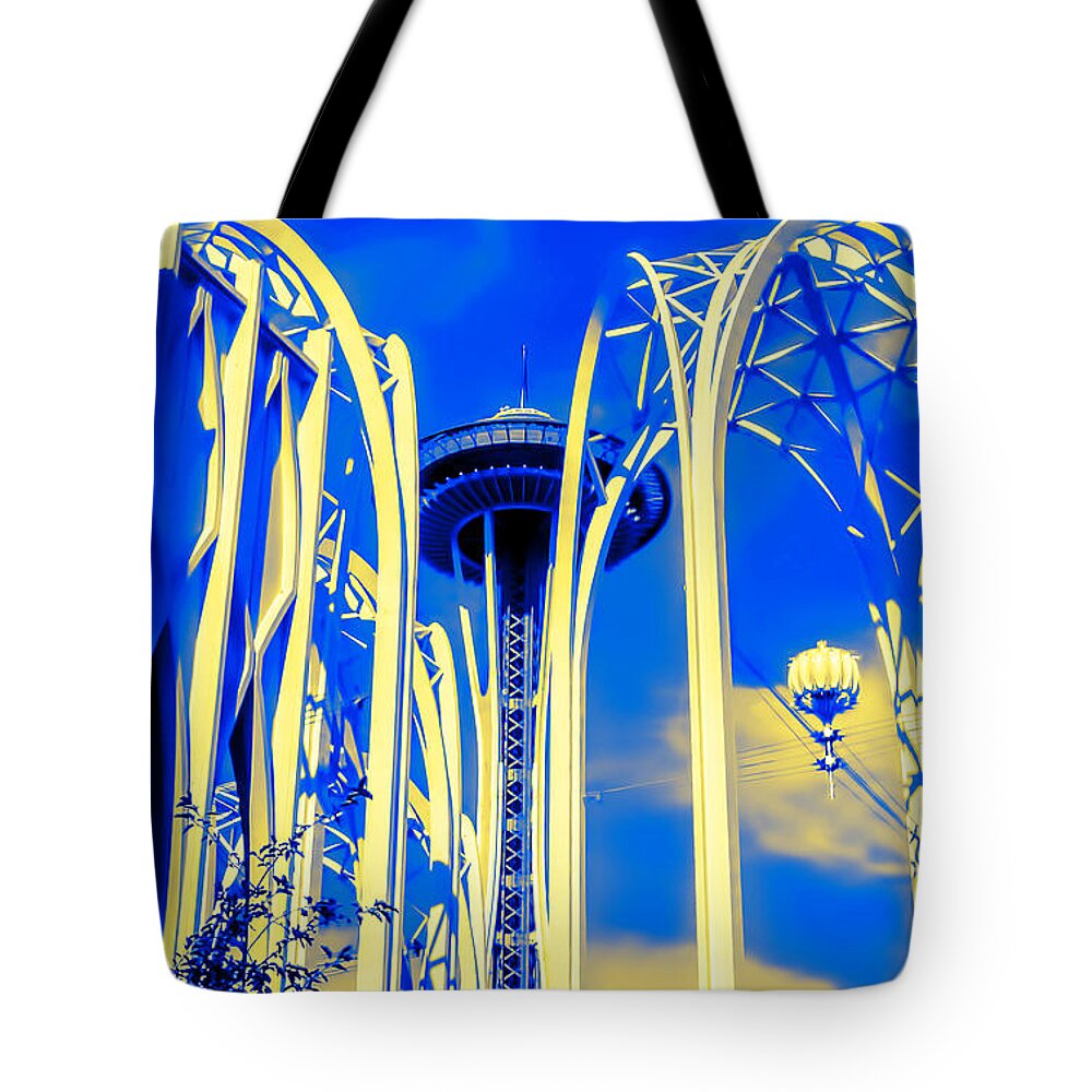 Space Needle Tote Bag featuring the photograph Space Needle Blue and Yellow by Cathy Anderson