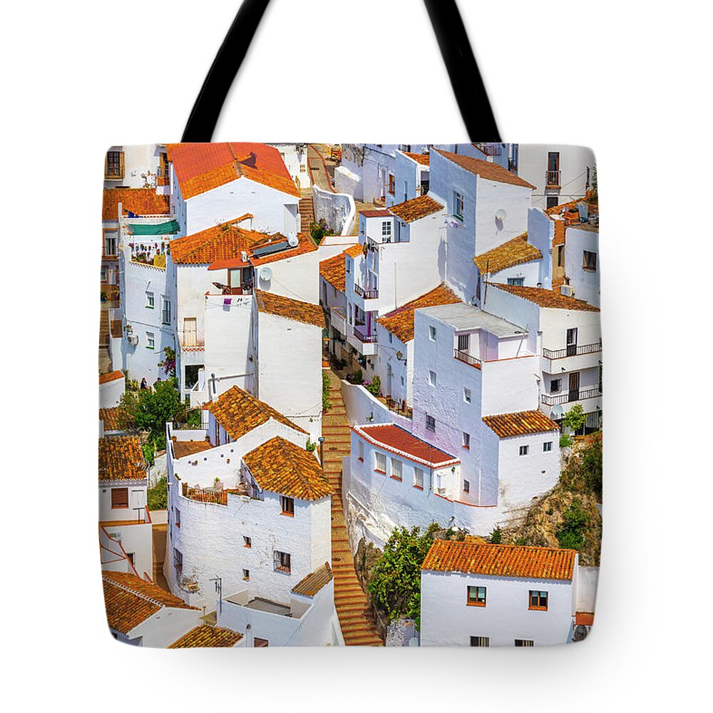 Estock Tote Bag featuring the digital art Spain, Andalusia, Casares, Malaga District, Costa Del Sol, White Towns, White Town by Olimpio Fantuz