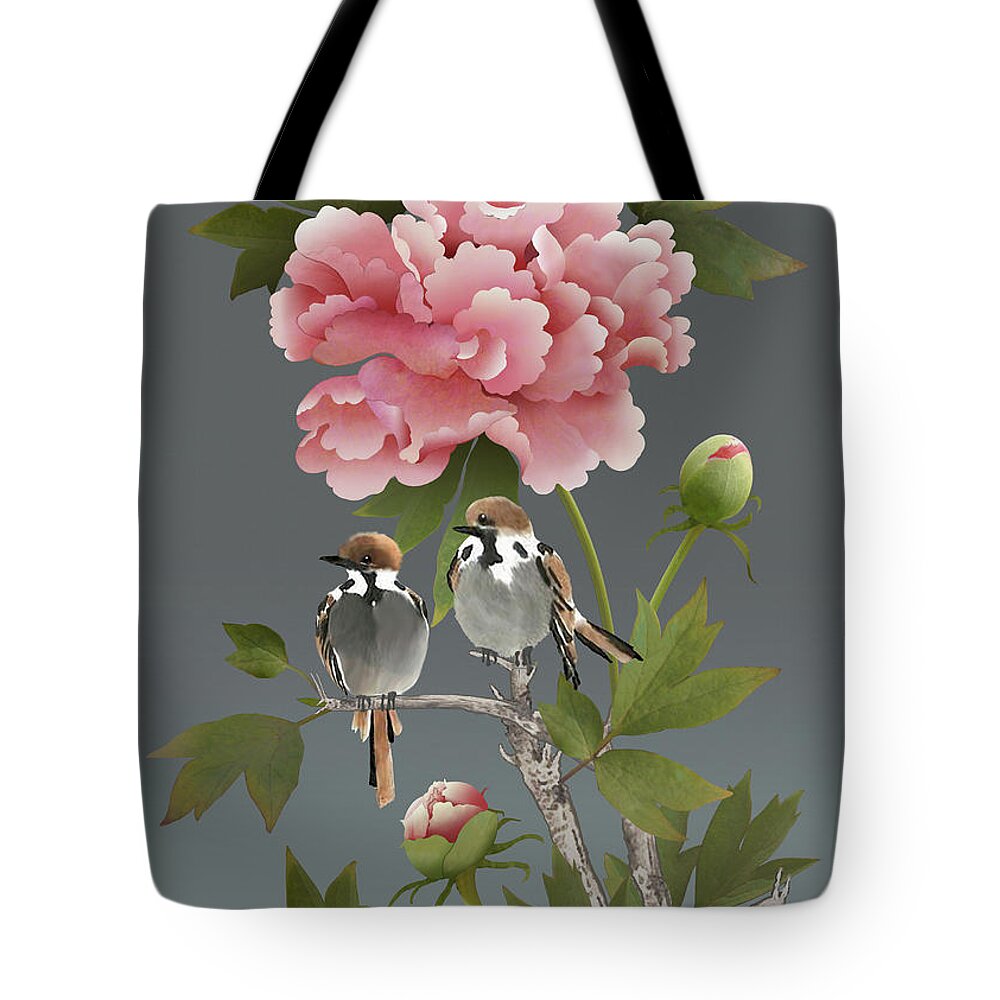 Sparrows Tote Bag featuring the digital art Sparrows and Peony by M Spadecaller