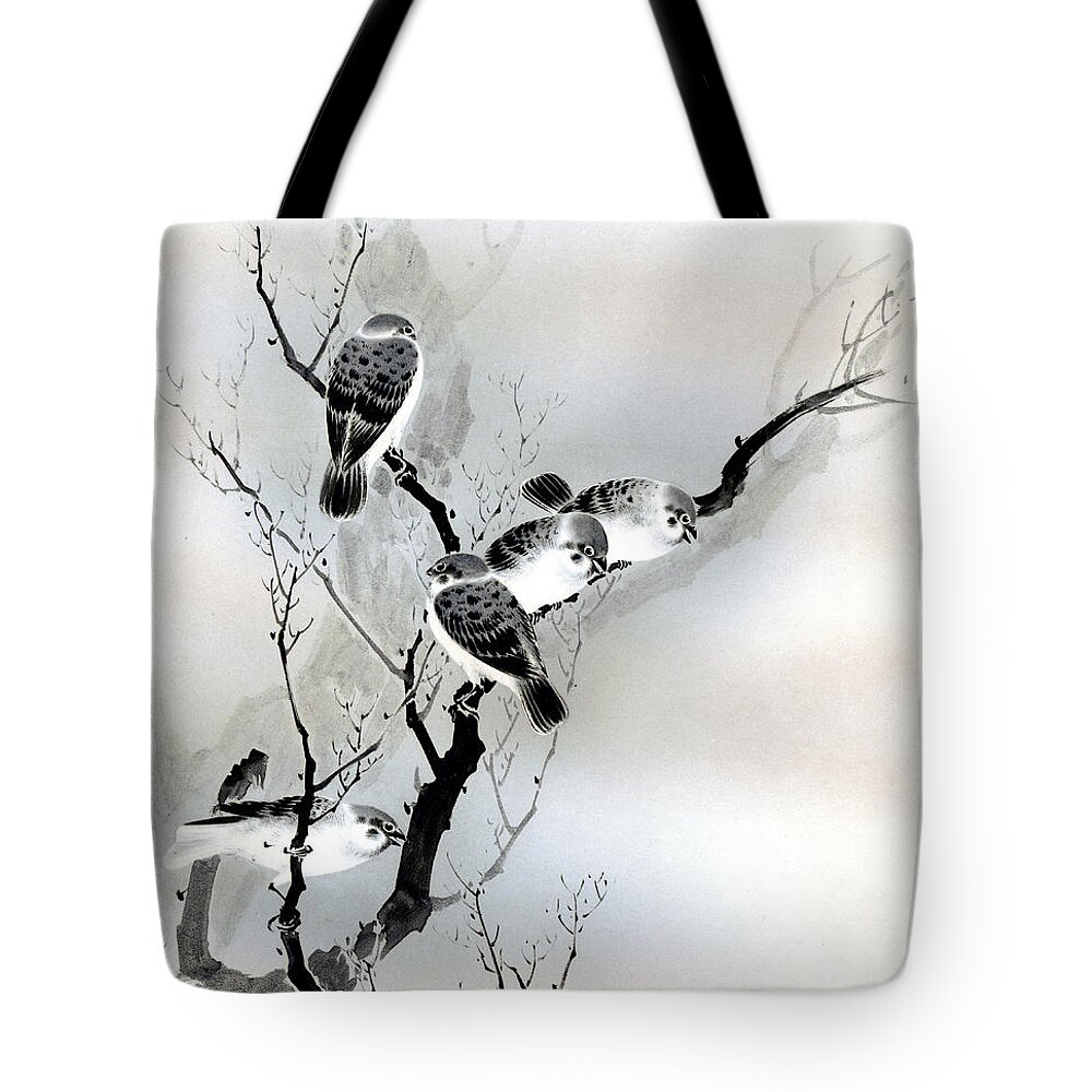 Sparrow Tote Bag featuring the painting Sparrows by Puri-sen