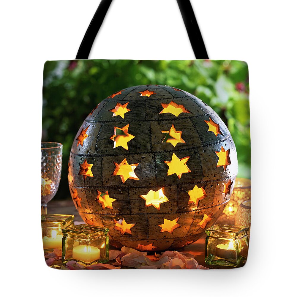 Sphere As A Lantern With Openings In Star Shape, Candle Glasses, Petals  Tote Bag