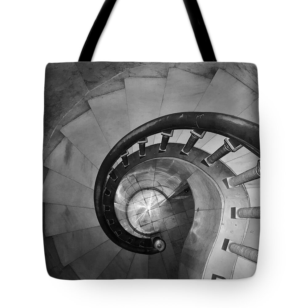 Spiral Tote Bag featuring the photograph Spiral Staircase, Lakewood Cemetary Chapel by Sarah Lilja