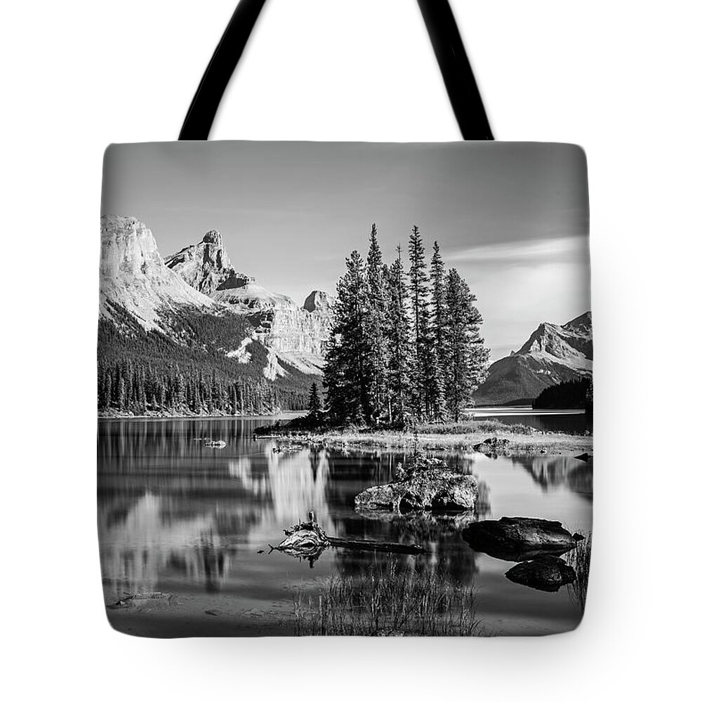 Jasper Tote Bag featuring the photograph Spirit Island Maligne Lake Jasper National Park Alberta Canada Black and White by Toby McGuire