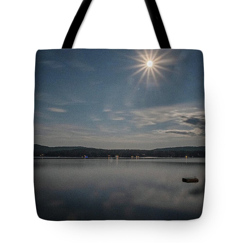 Spofford Lake New Hampshire Tote Bag featuring the photograph Spofford Moon Burst by Tom Singleton