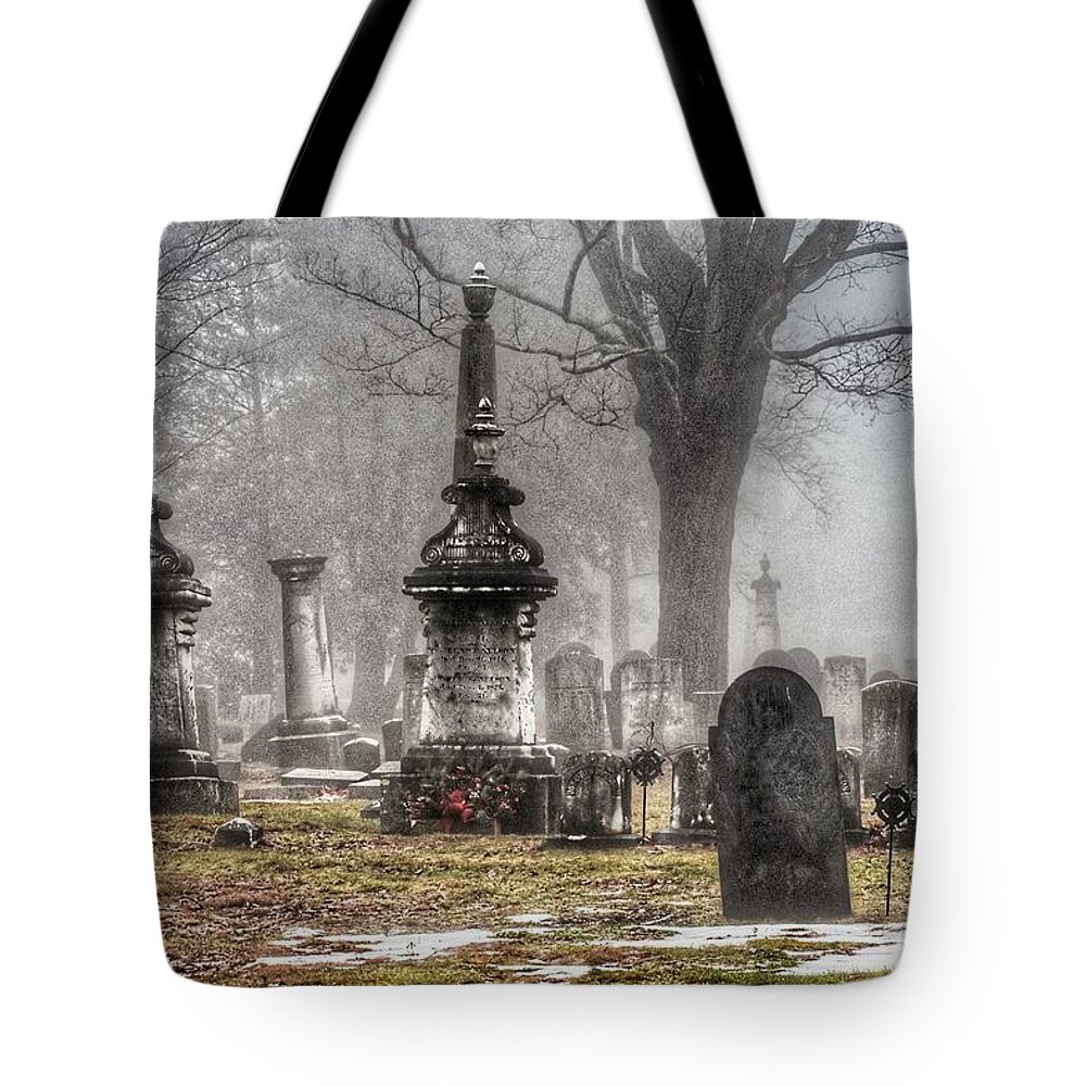 Cemetery Tote Bag featuring the photograph Spooky day in the cemetery by Monika Salvan