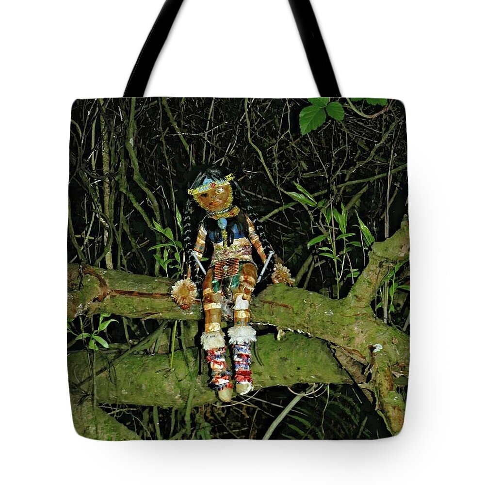 Doll Tote Bag featuring the photograph Spooky doll in forest by Martin Smith