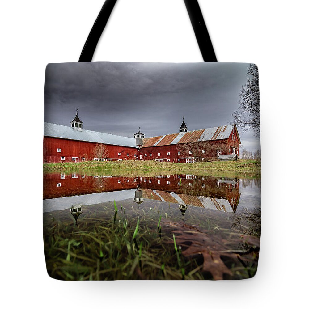 Barn Tote Bag featuring the photograph Spring Barn Reflection by Tim Kirchoff