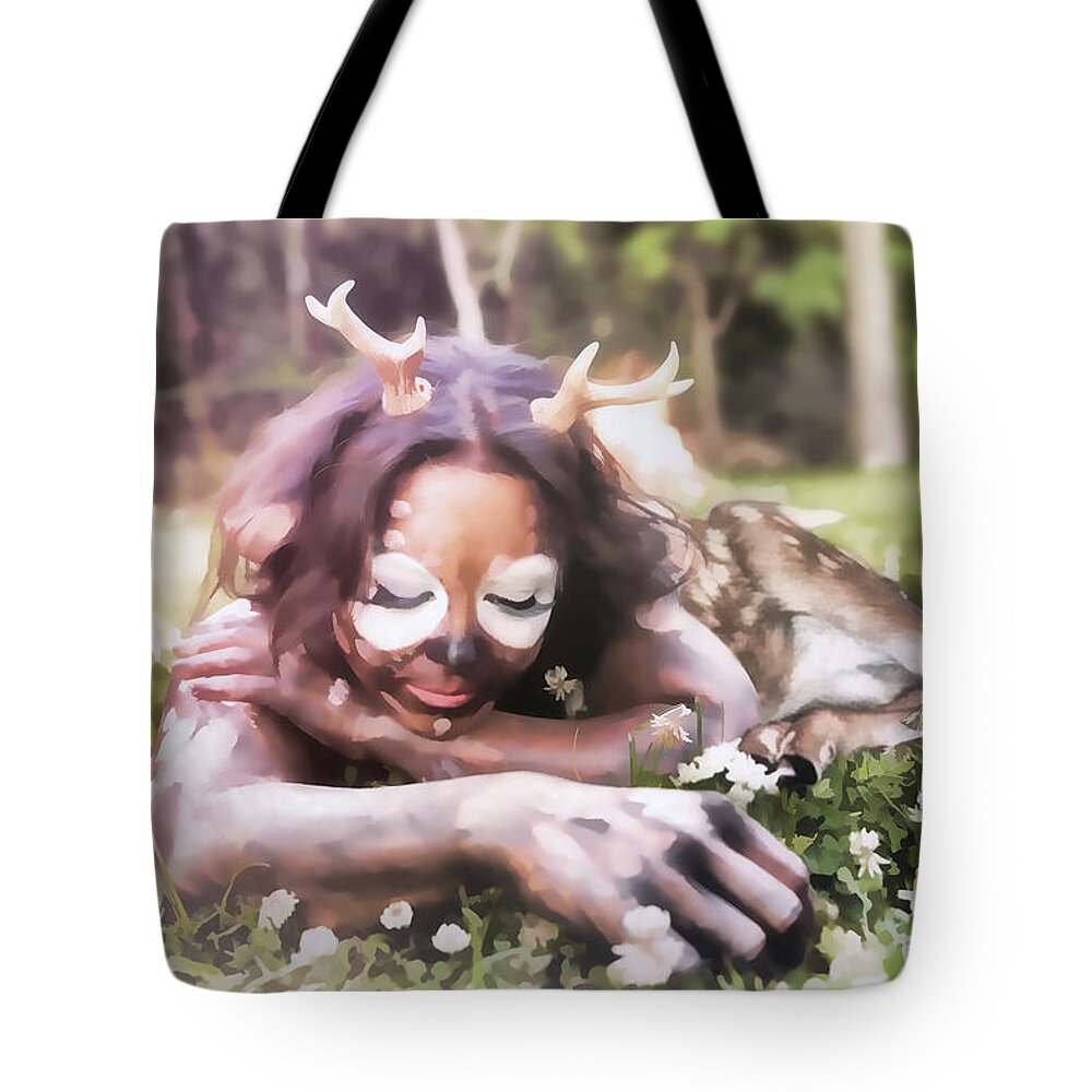 Dark Tote Bag featuring the digital art Spring Faun by Recreating Creation