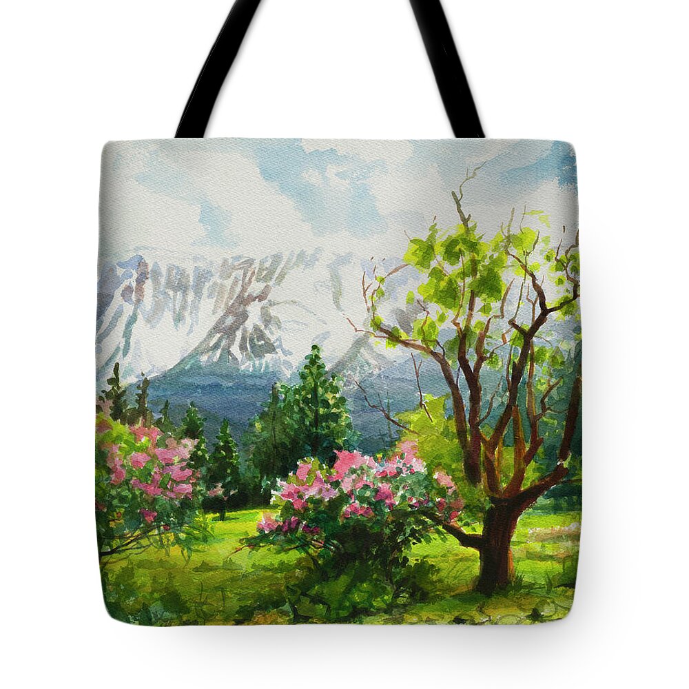 Landscape Tote Bag featuring the painting Spring in the Wallowas by Steve Henderson