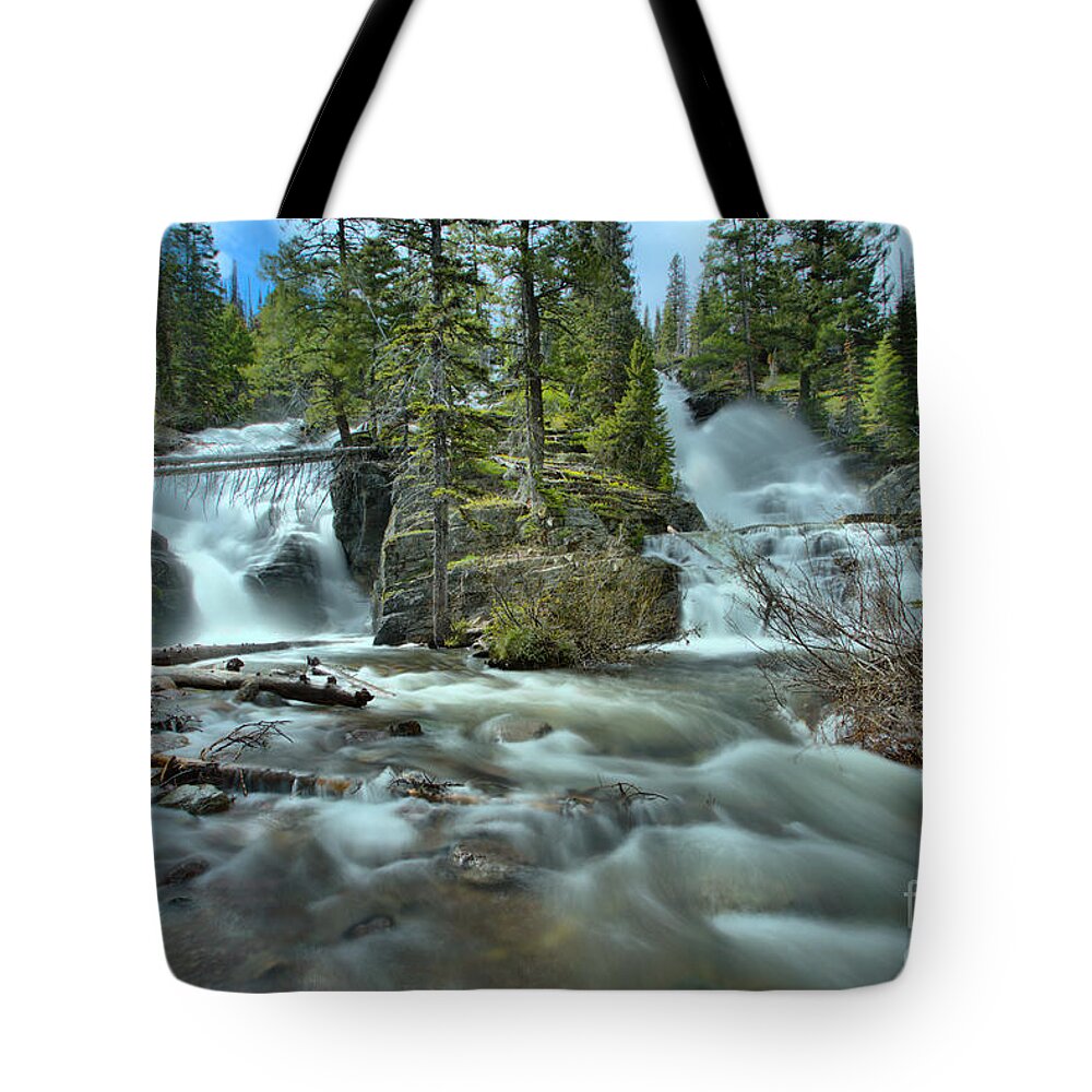 Twin Falls Tote Bag featuring the photograph Springtime At Glacier Twin Falls by Adam Jewell