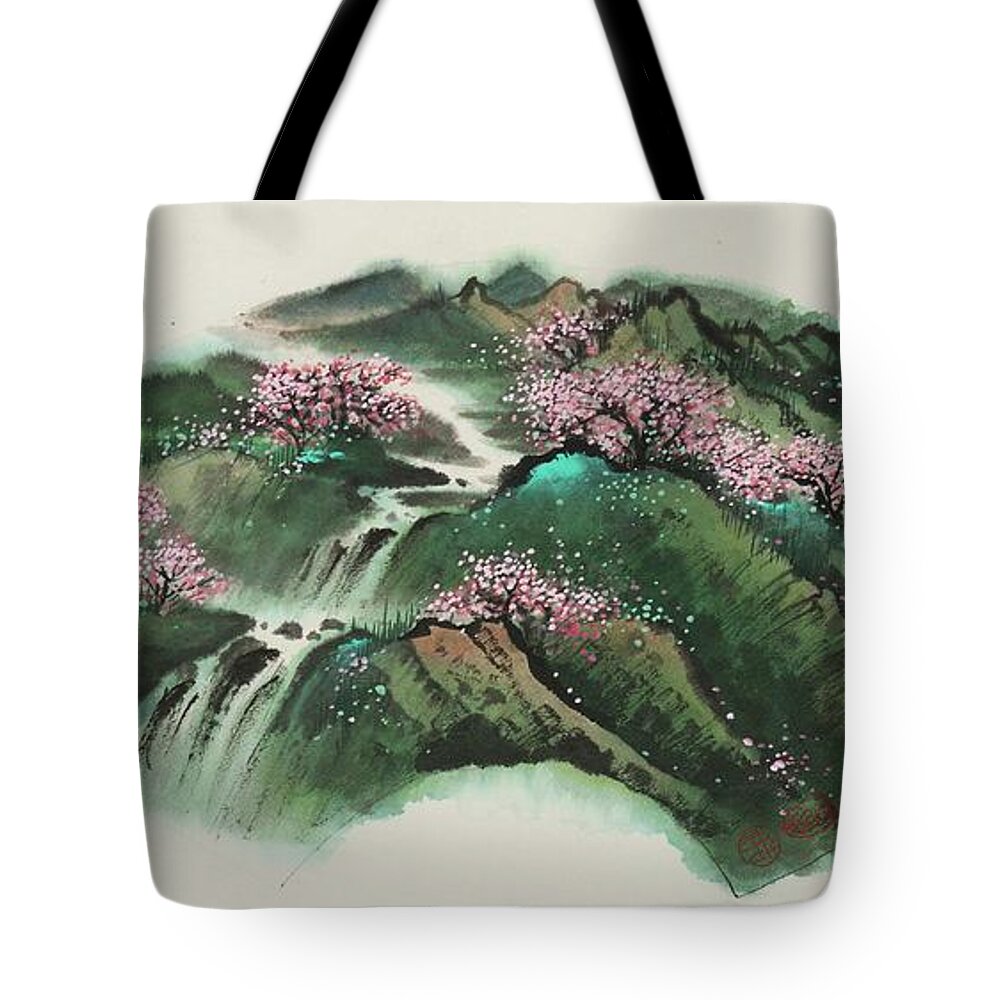 Chinese Watercolor Tote Bag featuring the painting Springtime Stroll Through the Peach Blossoms by Jenny Sanders