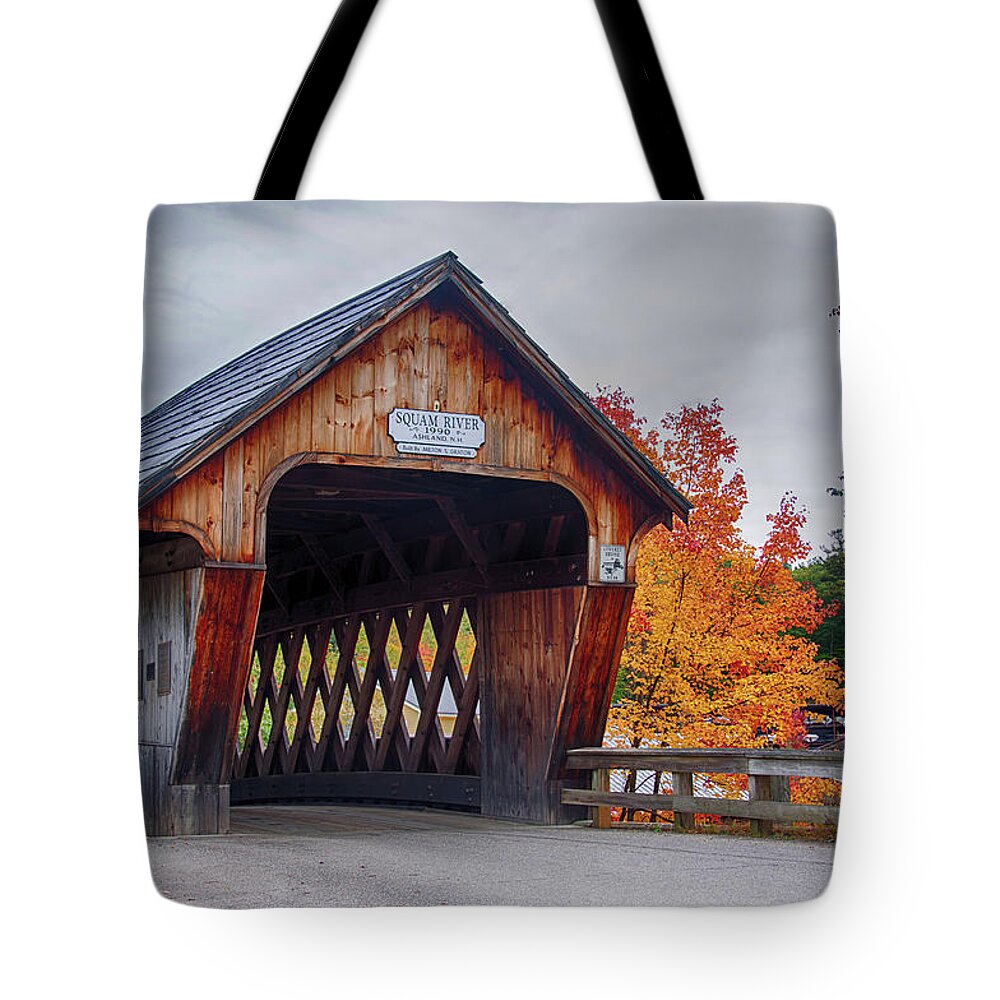 Ashland New Hampshire Tote Bag featuring the photograph Squam River Covered Bridge in October by Jeff Folger