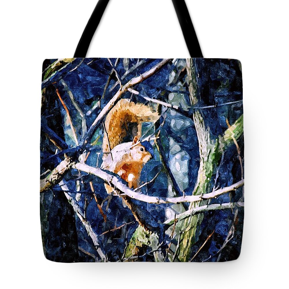 Squirrel Tote Bag featuring the mixed media Squirrel in the Trees by Christopher Reed