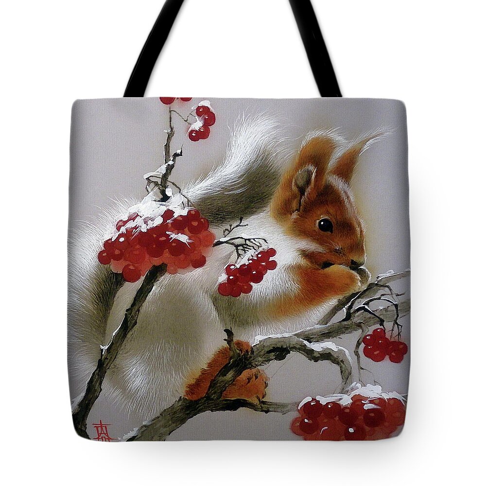 Russian Artists New Wave Tote Bag featuring the painting Squirrel with Rowan Berries by Alina Oseeva