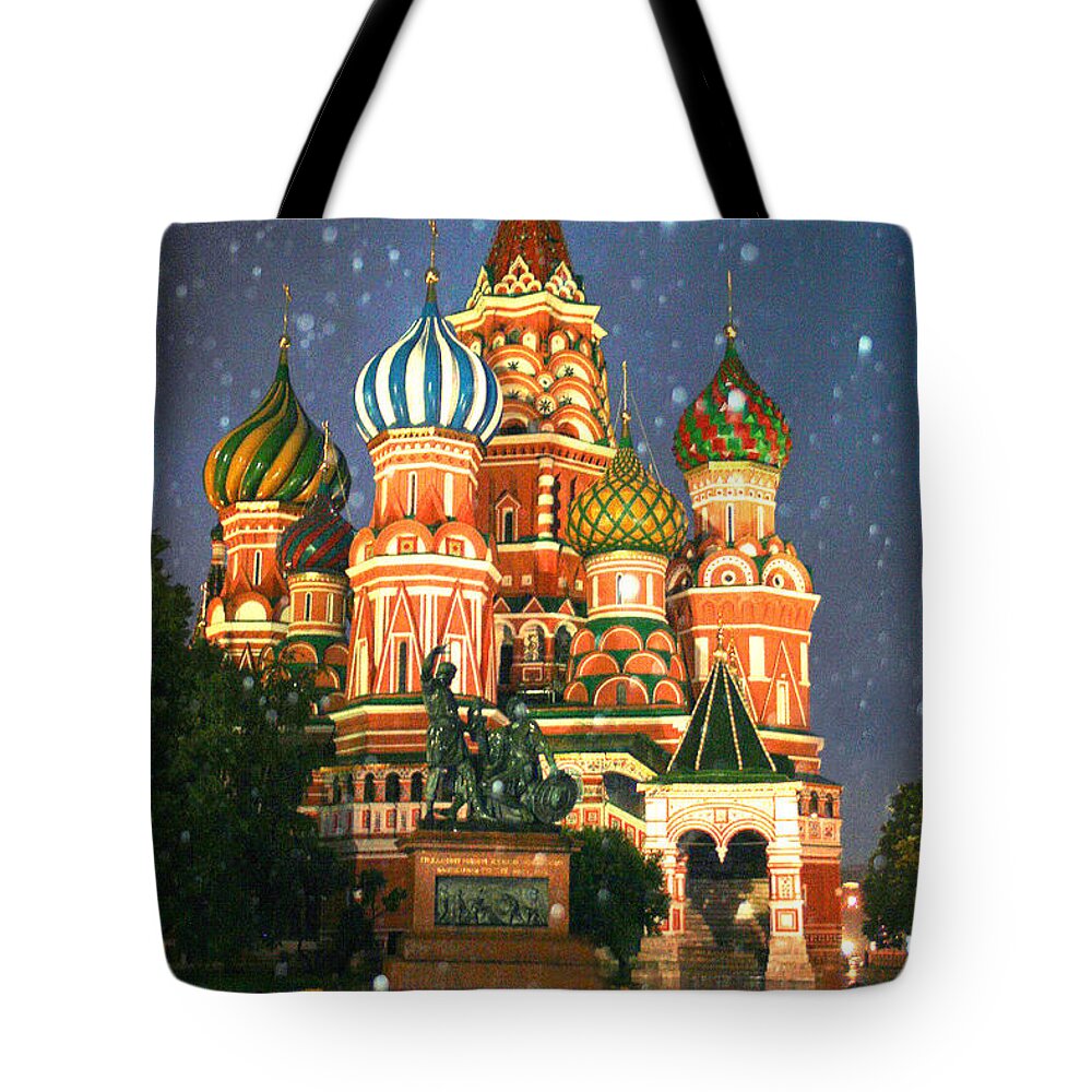 Red Square Tote Bag featuring the photograph St Basils On Rainy Night by Diana Tonner Photos