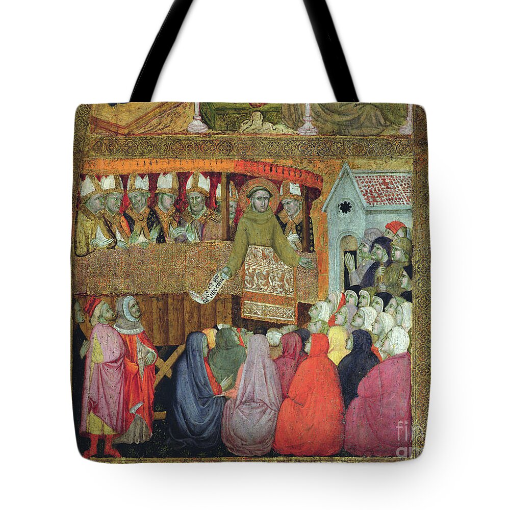 Saint Tote Bag featuring the painting St. Francis Promulgates The Indulgence, Accompanied By The Bishops Of Umbria, Fresco From The Porziuncola, 1393 by Ilario Da Viterbo