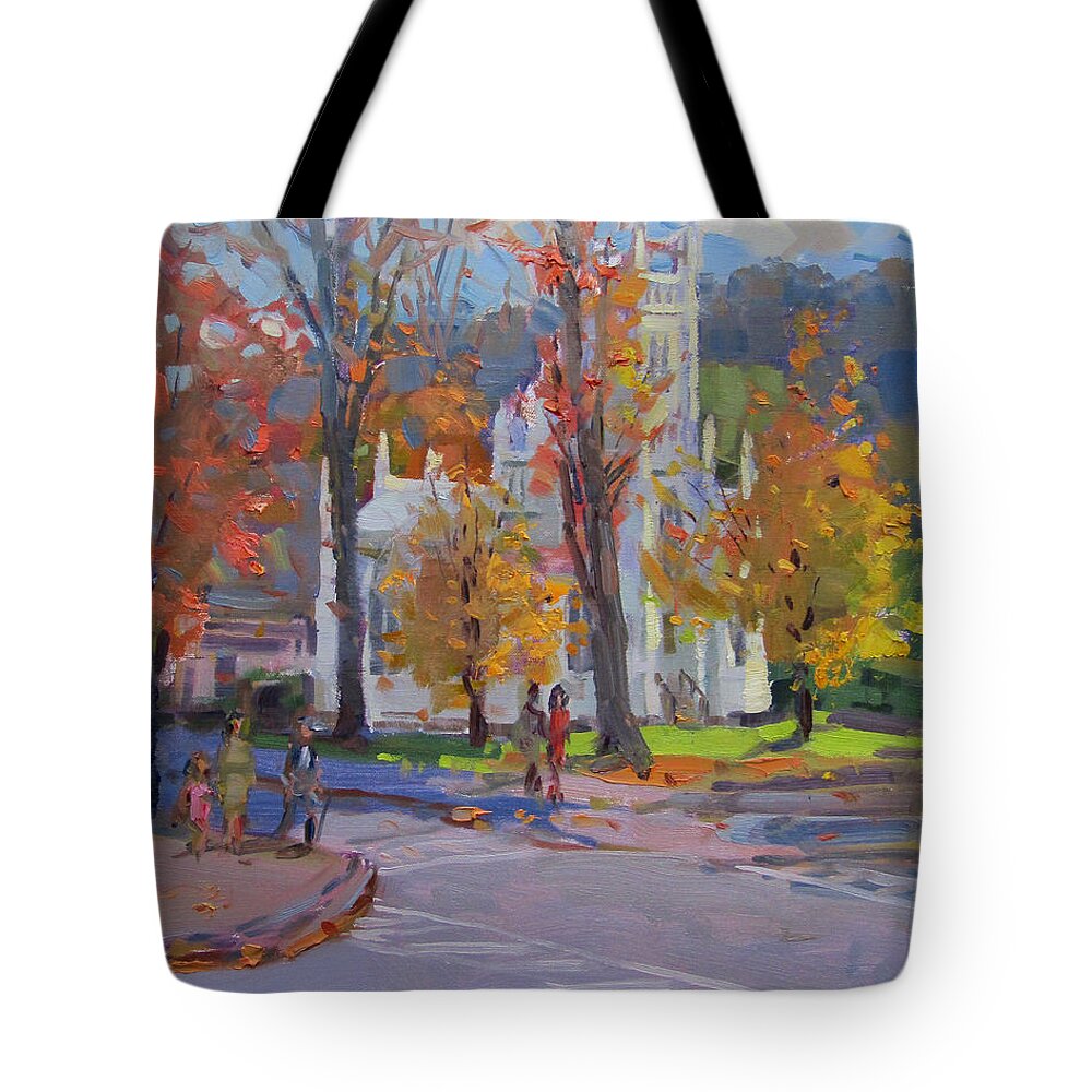 St Johns Churche Tote Bag featuring the painting St Johns Churche in Ellicottville Village by Ylli Haruni