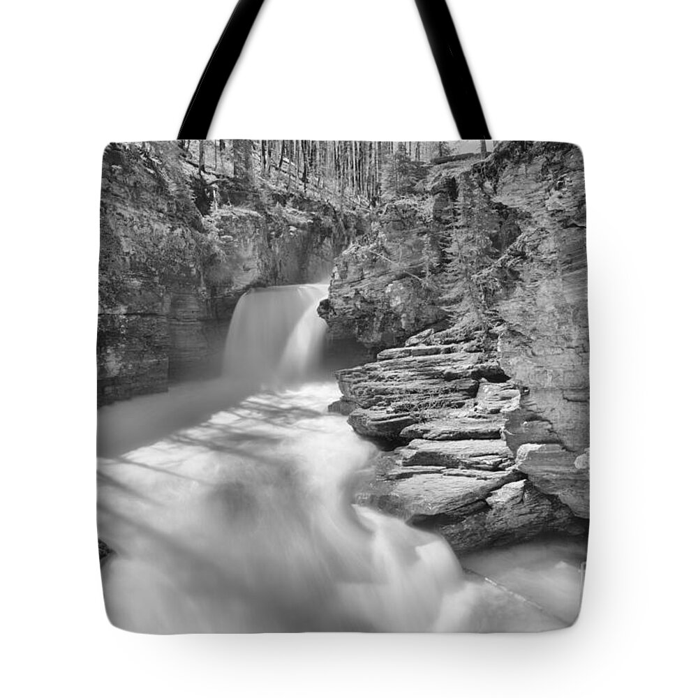 St Mary Falls Tote Bag featuring the photograph St. Mary Falls Spring 2019 Black And White by Adam Jewell