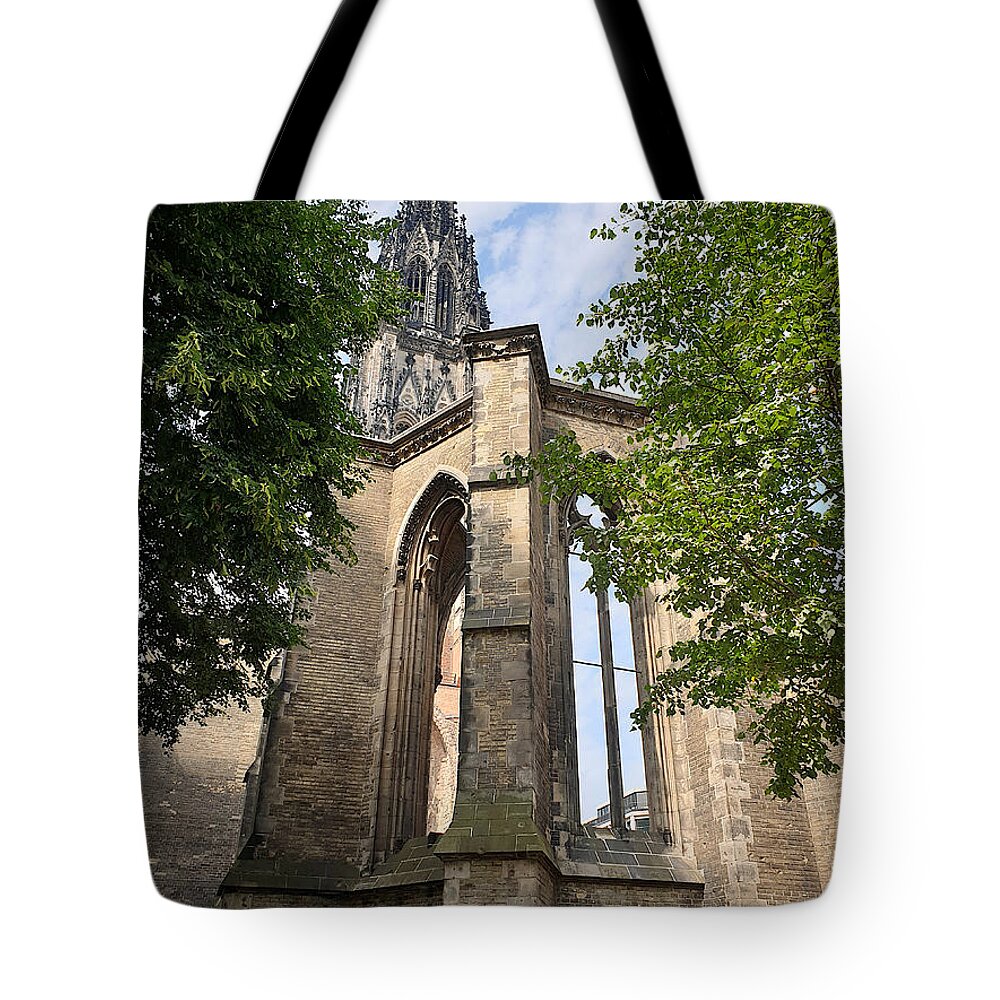 St. Nicholas Church Tote Bag featuring the photograph St. Nikolai Church - Ruins, Hamburg by Yvonne Johnstone