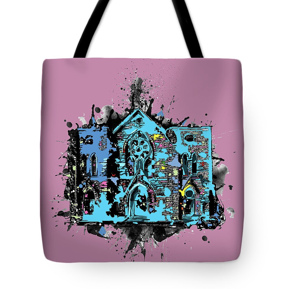Church Tote Bag featuring the digital art St Patrick Cathedral Fort Worth Pop Art by Bekim M