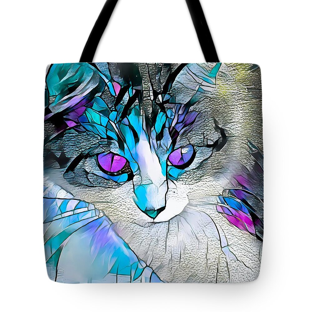 Glass Tote Bag featuring the digital art Stained Glass Cat Stare Purple Eyes by Don Northup