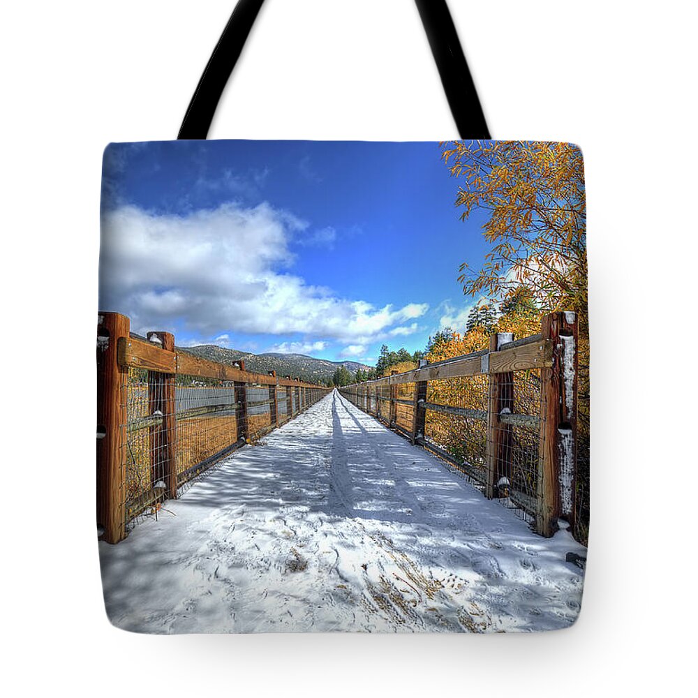 Stanfield; Marsh; Wildlife; Waterfowl; Preserve; Bridge; Wood; Snow; Trees; Bush; Branches; Leaves; Yellow; White; Blue; Sky; Clouds; Nikon; Big Bear; California Tote Bag featuring the photograph Stanfield Marsh Wildlife and Waterfowl Preserve Bridge by Eddie Yerkish