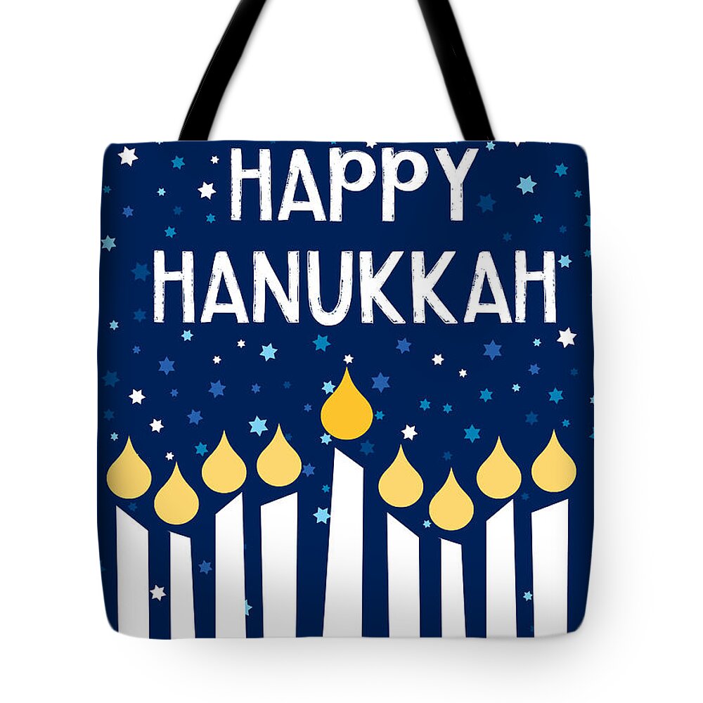 Hanukkah Tote Bag featuring the mixed media Starry Night Hanukkah Menorah- Art by Linda Woods by Linda Woods