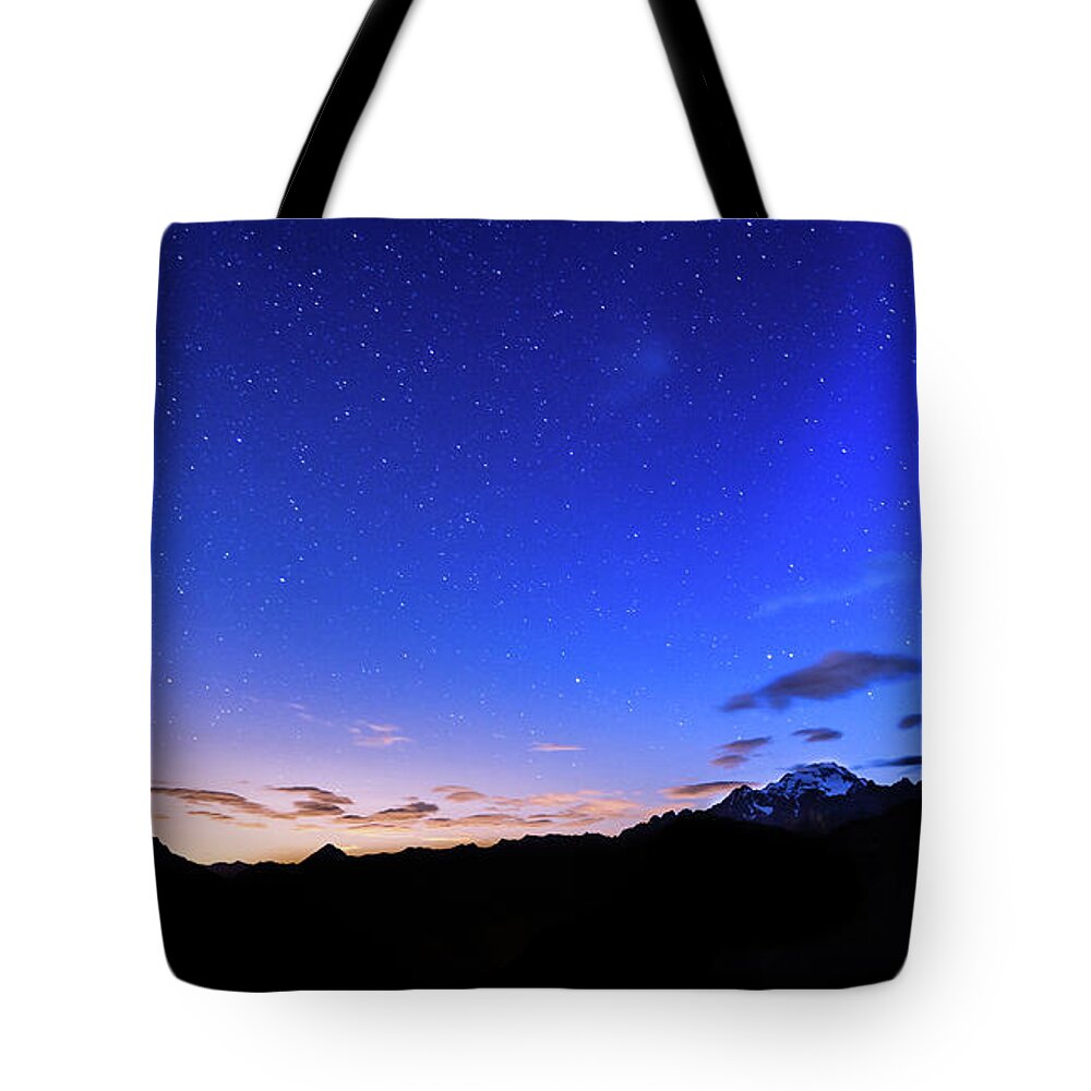 Dawn Tote Bag featuring the photograph Stars Over Mountains by Lightkey