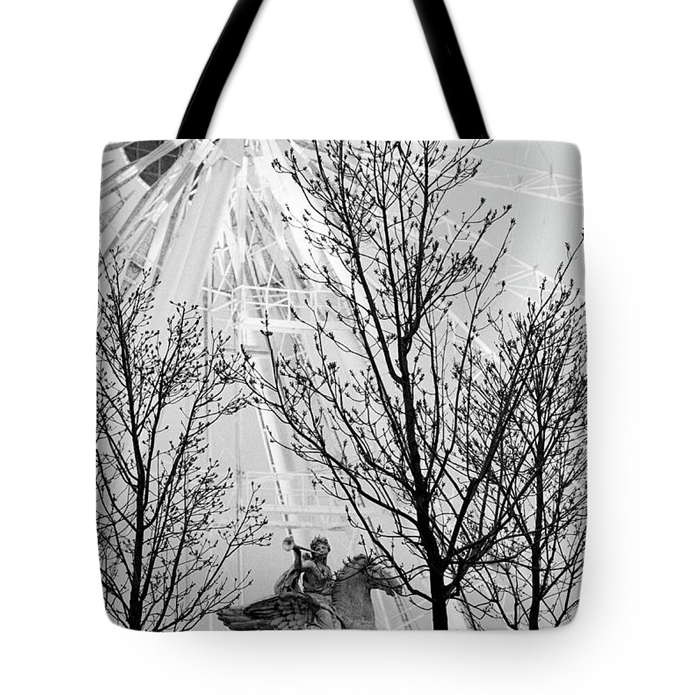 Statue Tote Bag featuring the photograph Statue And Ferris Wheel, Jardin Des by Walter Bibikow