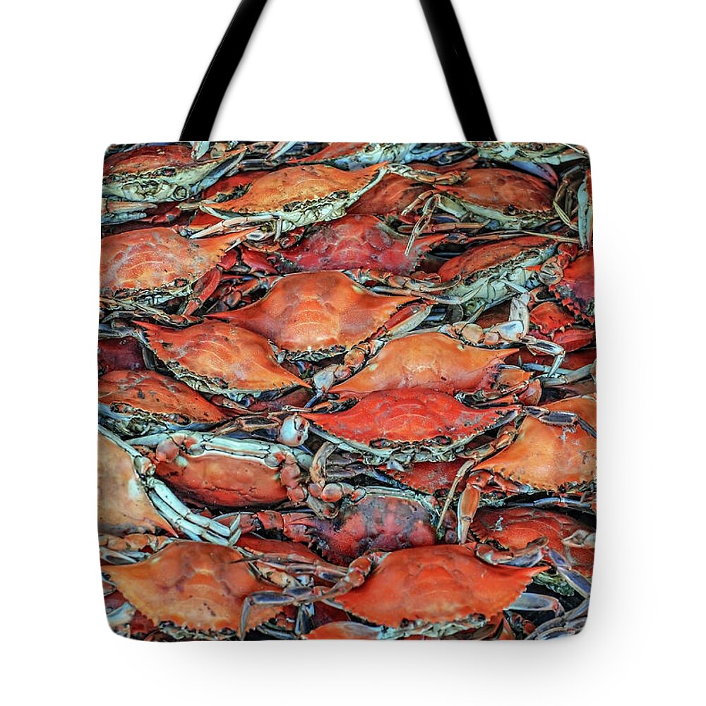 Seafood Tote Bag featuring the photograph Steamed Crabs by Teresa Hughes
