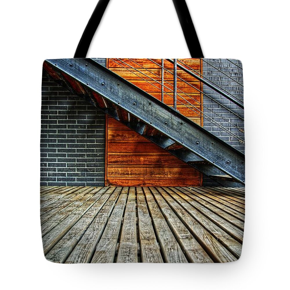 Empty Tote Bag featuring the photograph Steel Stairs And Wooden Flooring by Samyra Serin