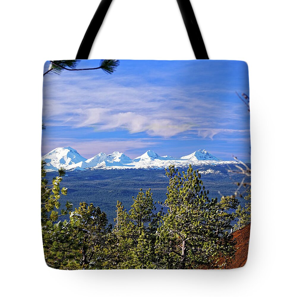 Central Oregon Tote Bag featuring the photograph Steep Mokst Butte red cinder cone hillside, and distant snowy Cascade Mountains, Oregon, USA by Robert C Paulson Jr