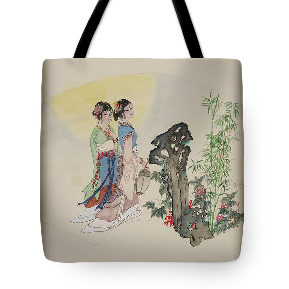Chinese Watercolor Tote Bag featuring the painting Ladies in the Garden by Jenny Sanders