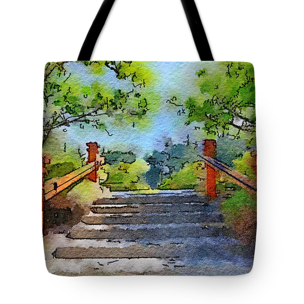 Painted Photo Tote Bag featuring the mixed media Steps to the Garden by Bonnie Bruno