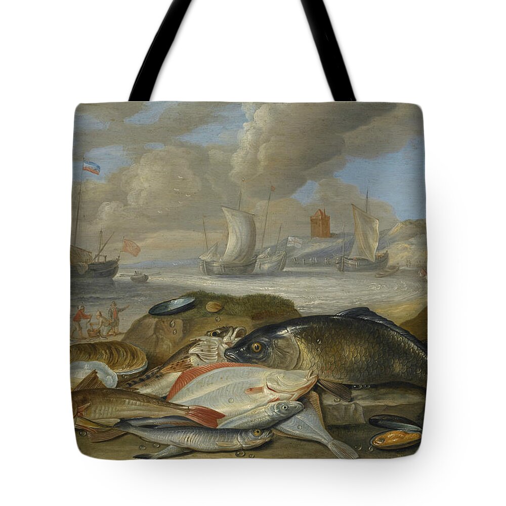 17th Century Art Tote Bag featuring the painting Still Life of Fish in a Harbor Landscape, Possibly an Allegory of the Element of Water by Jan van Kessel the Elder