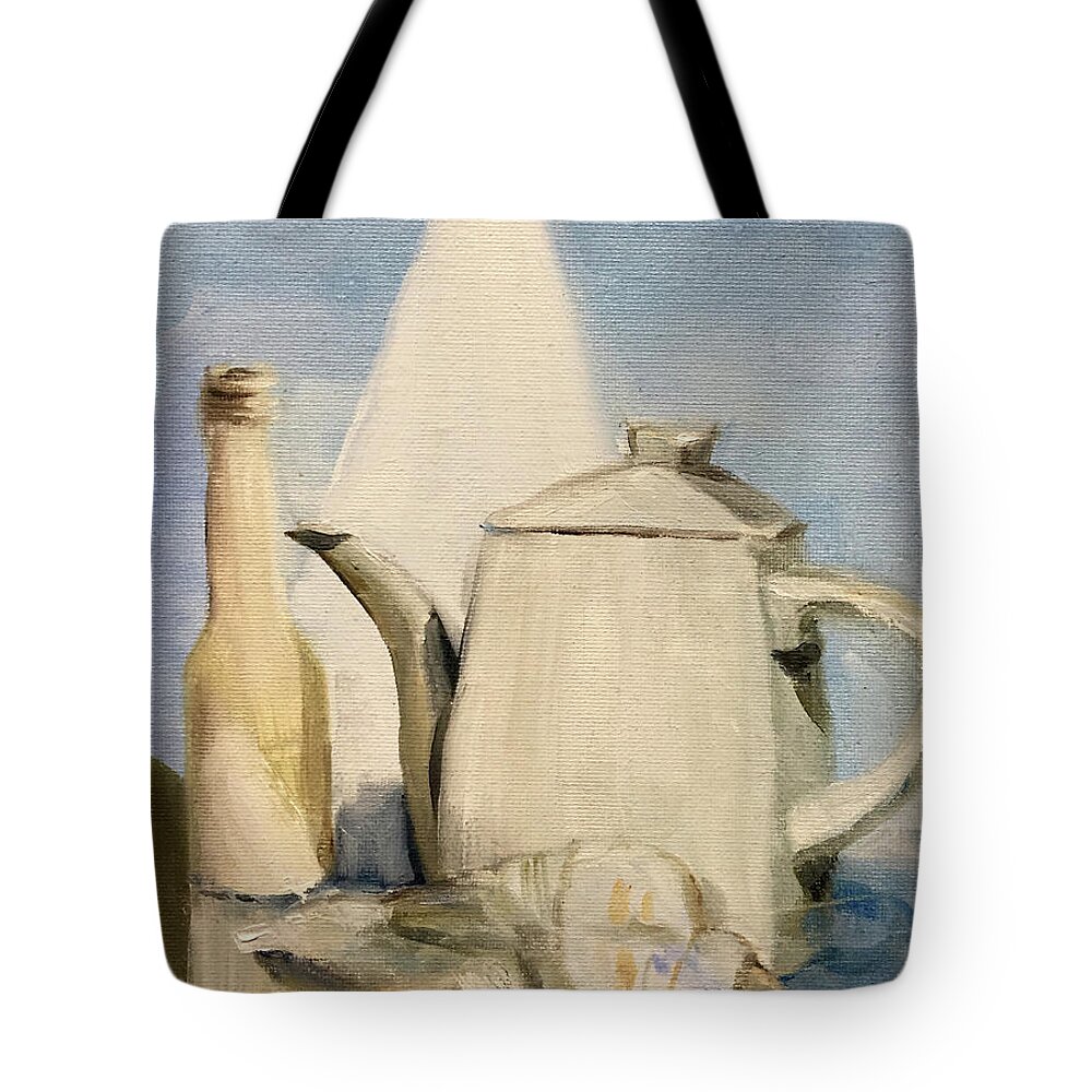 Still Life Tote Bag featuring the painting Still Life of Pottery in White by Greta Corens