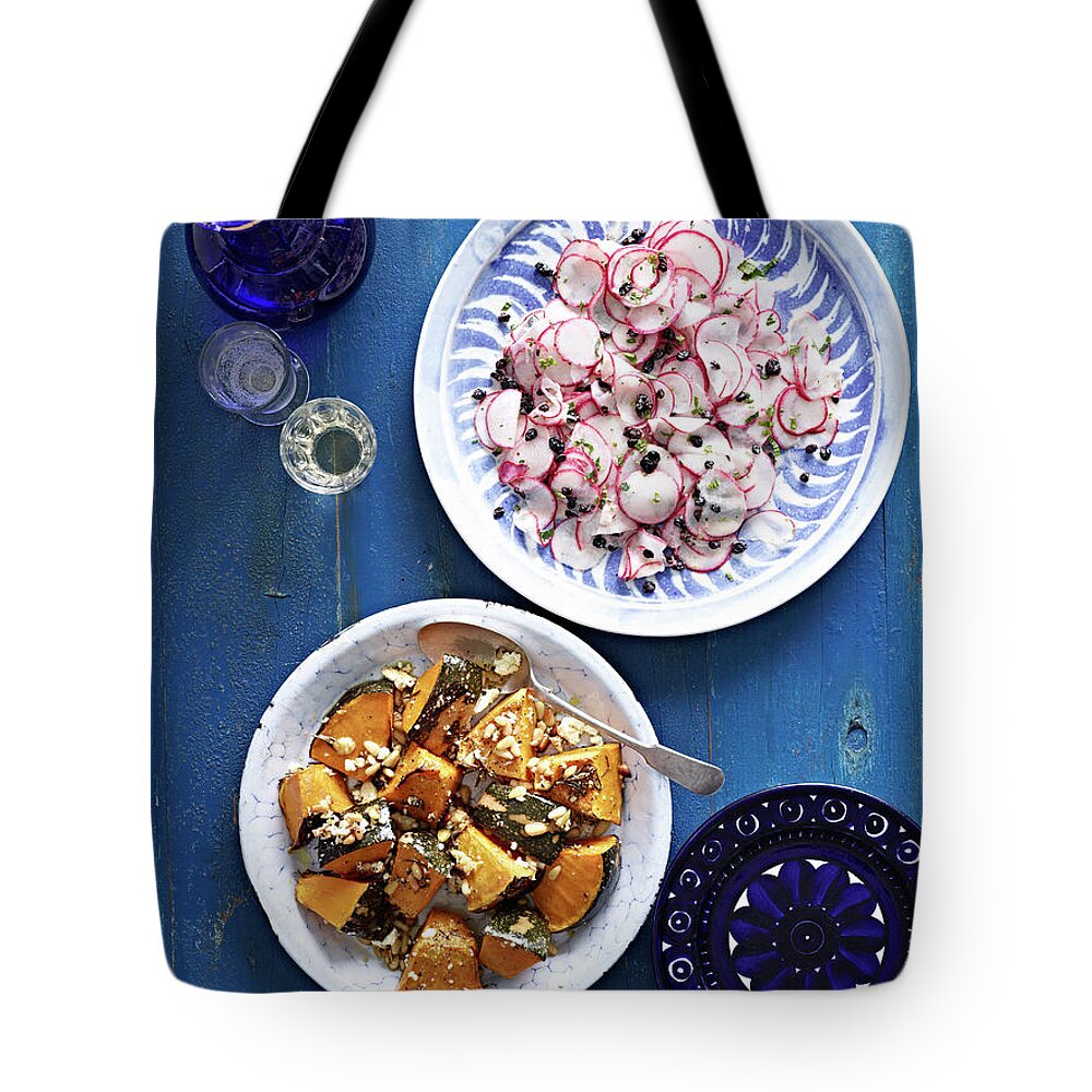 Feta Cheese Tote Bag featuring the photograph Still Life Of Roasted Pumpkin With Feta by Brett Stevens