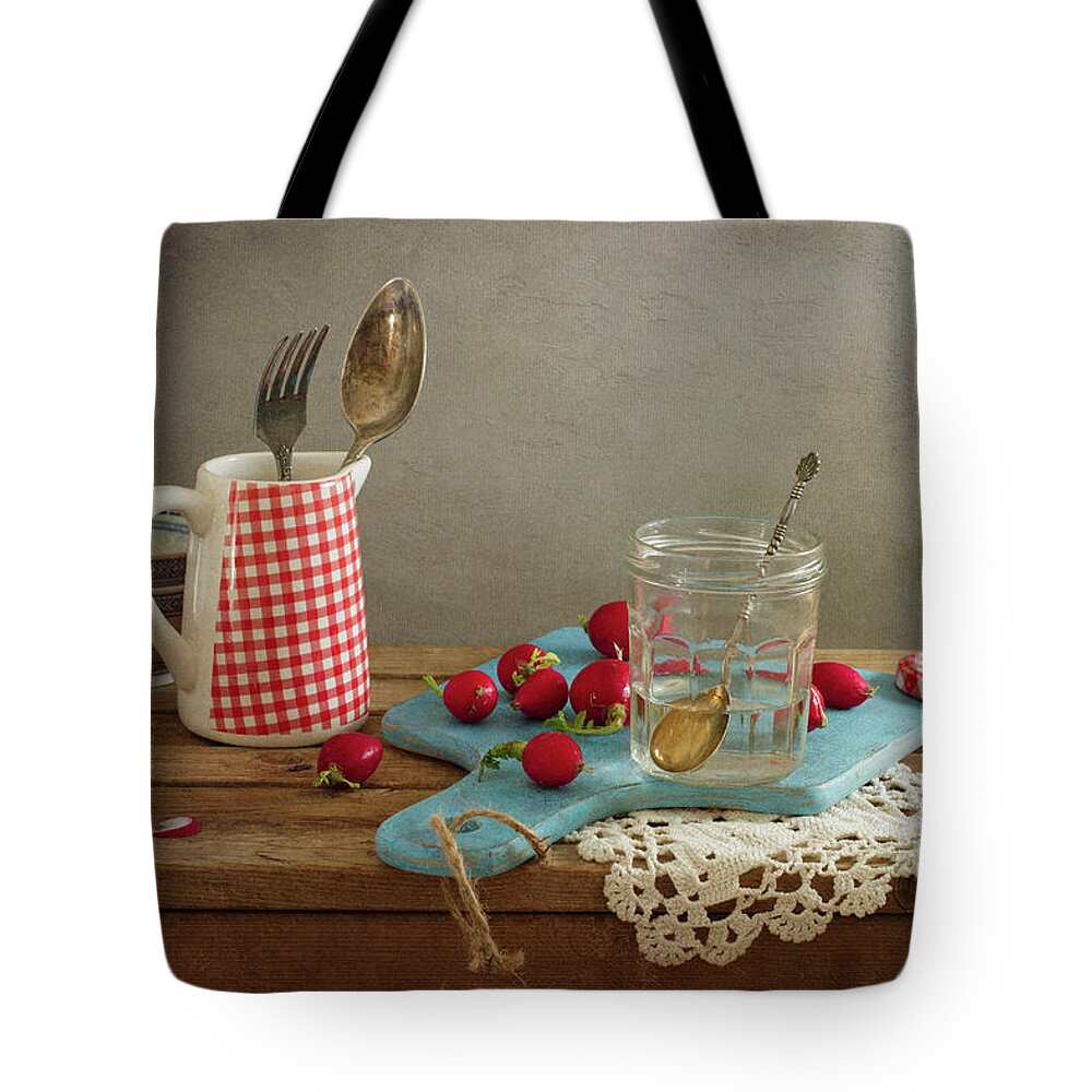 Spoon Tote Bag featuring the photograph Still Life With Radish, Cutting Board by Copyright Anna Nemoy(xaomena)