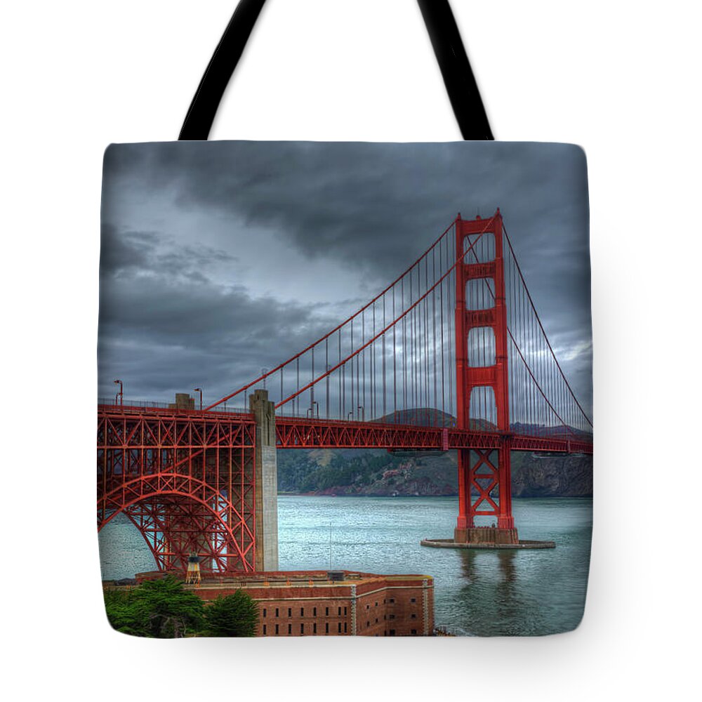 Landscape Tote Bag featuring the photograph Stormy Golden Gate Bridge by Harry B Brown