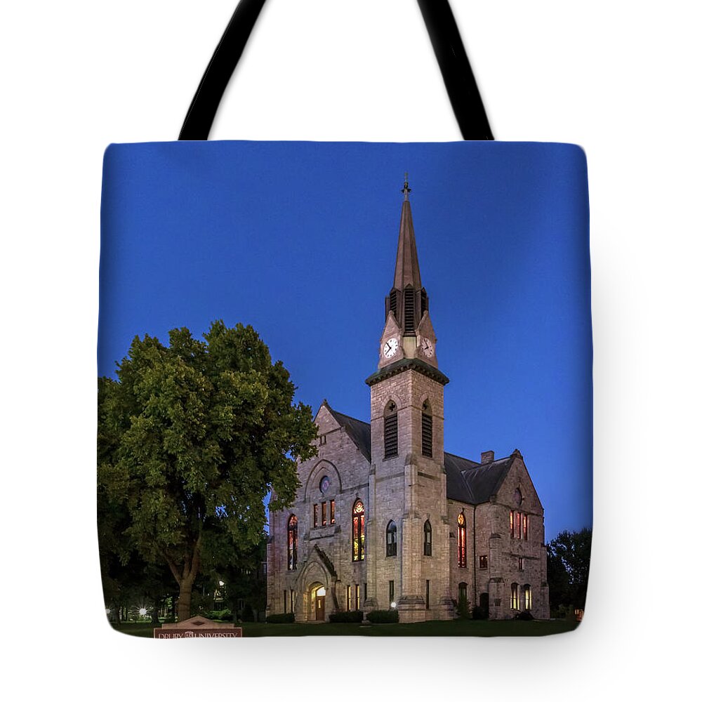 Drury Tote Bag featuring the photograph Stone Chapel at Night by Allin Sorenson